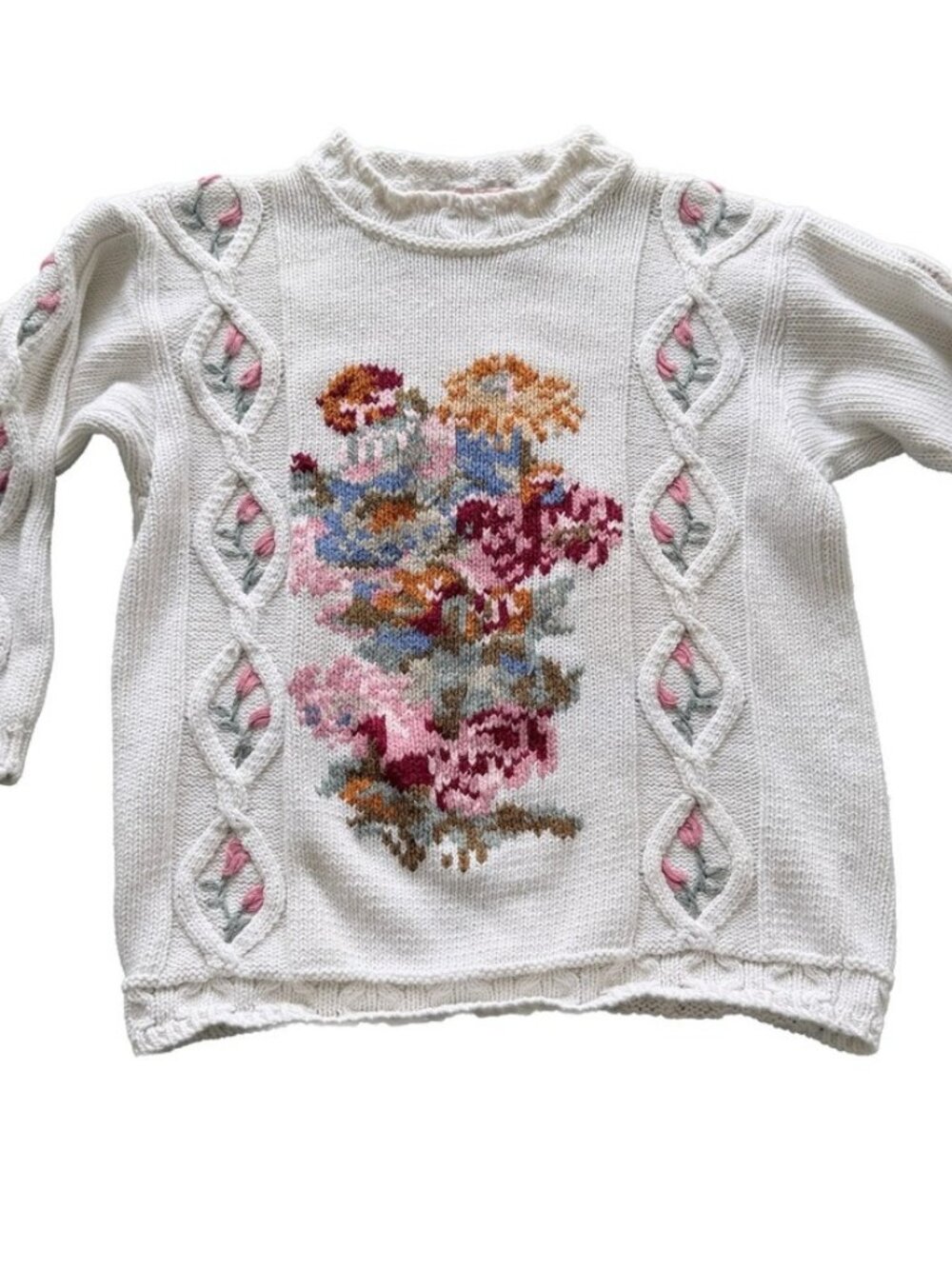 Vintage Canary Collection Island Floral Knit Sweater White Ramie Cotton Sz M